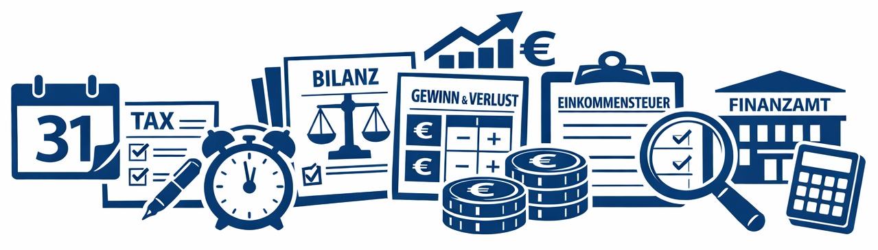 Illustration: Taschenrechner Finanzamt, Clipboard, Kalender, Steuererklärung, Geld etc.