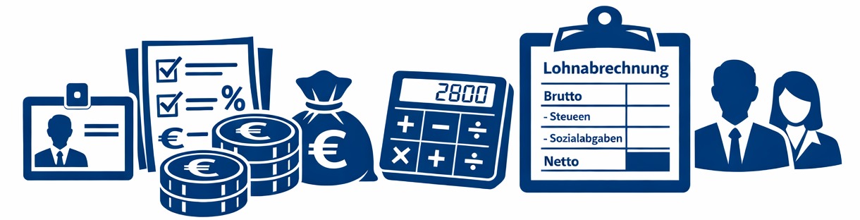 Illustration: Clipboard, Personen, Taschenrechner, Geld, Ausweis