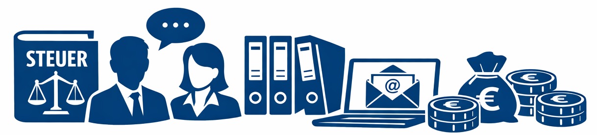 Illustration: Steuerbuch, Ordner, Menschen, Laptop, Geld