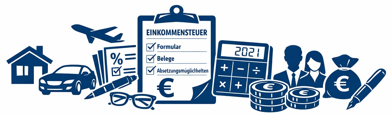 Illustration: Taschenrechner, Auto, Flugzeug, Clipboard, Geld, Personen etc.